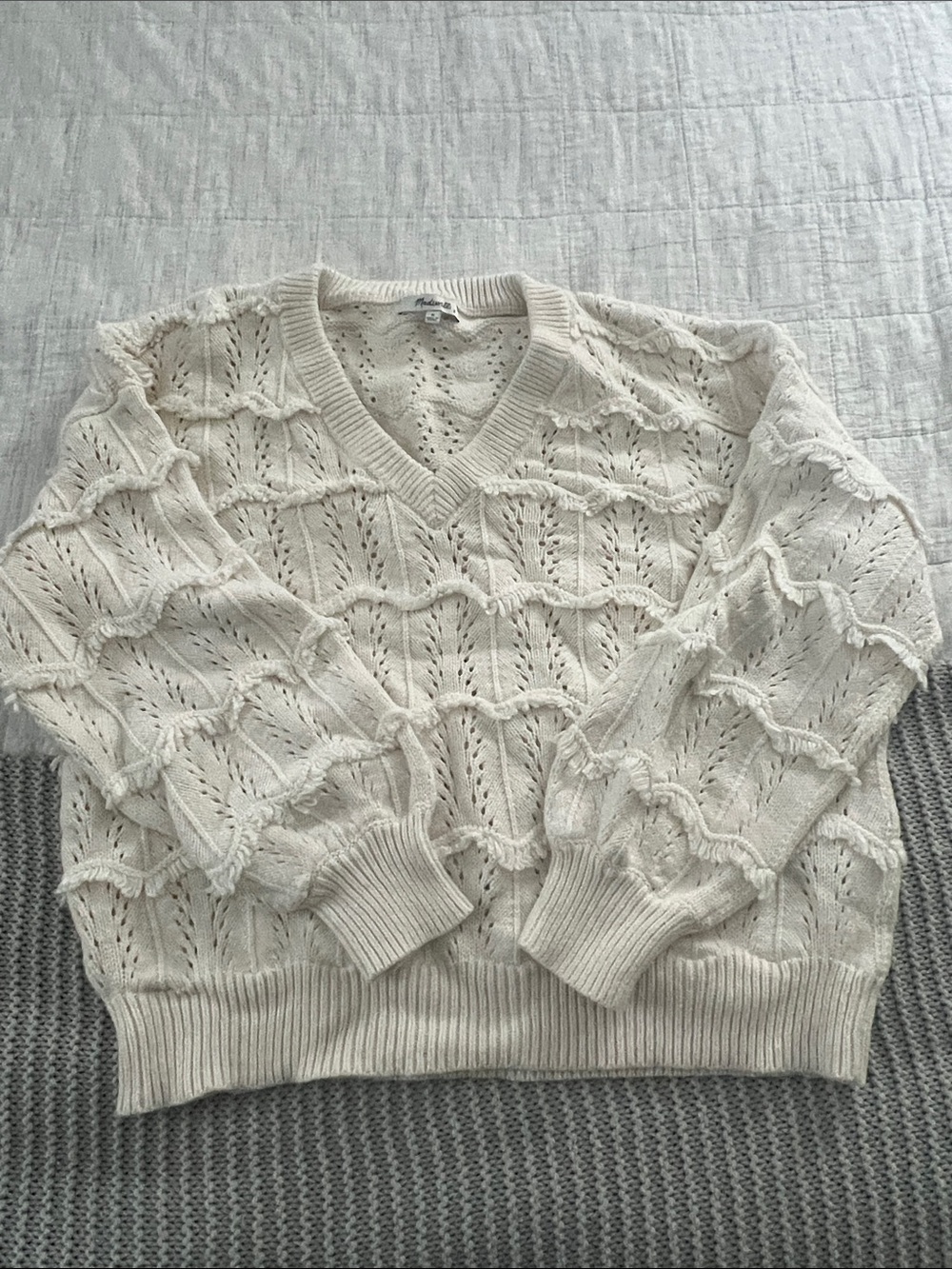 Madewell Cream Textured V-Neck Sweater